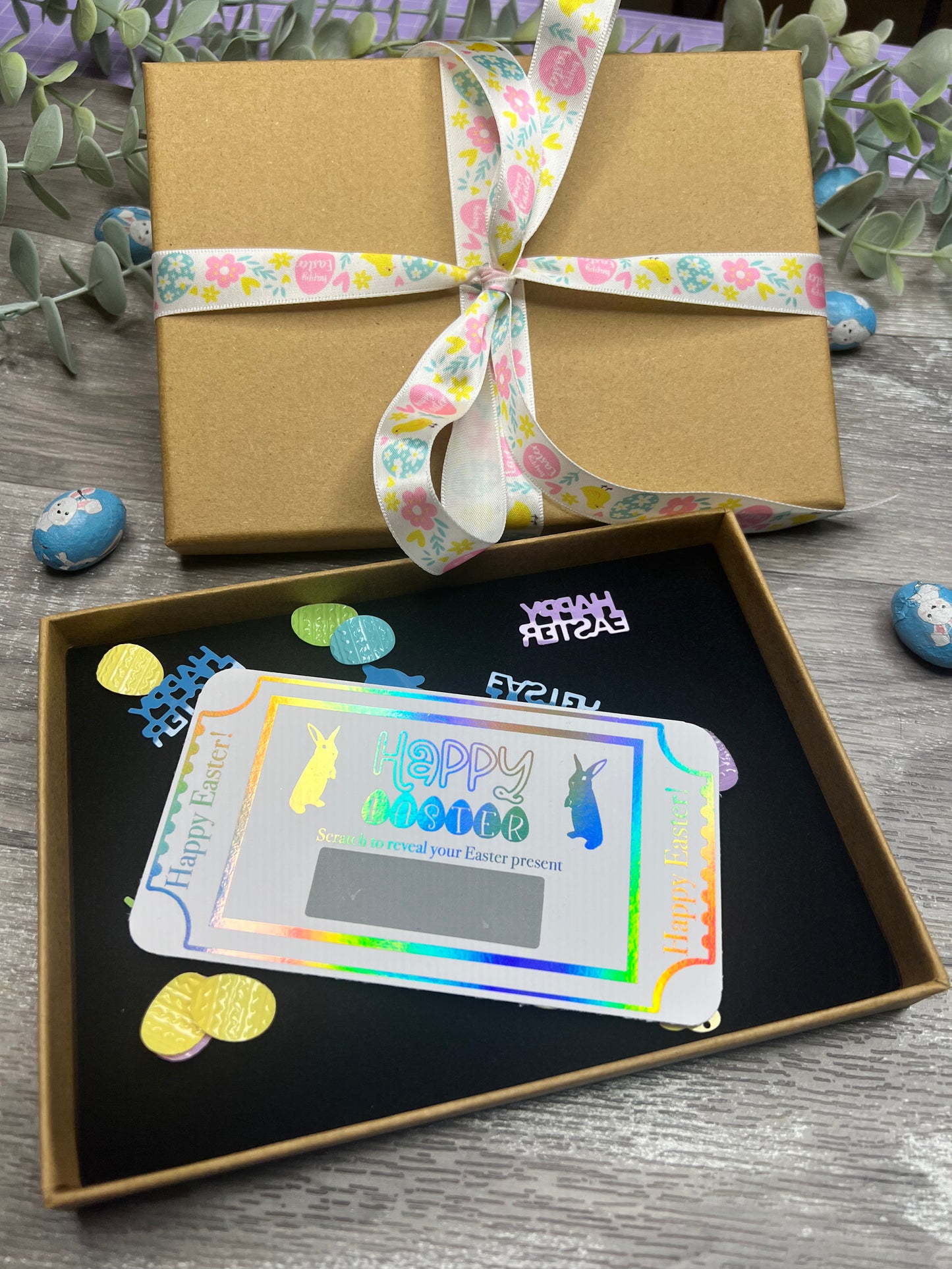 Personalised Easter scratch card presented in luxury gift box