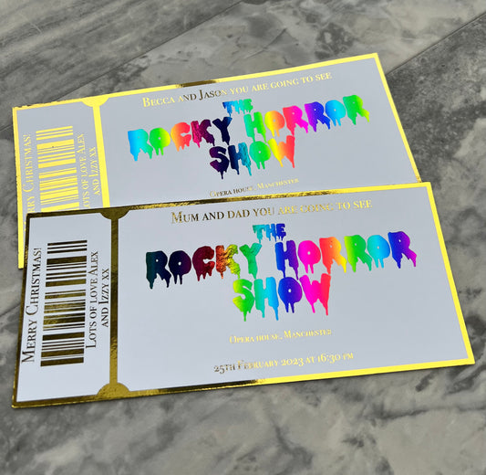 Personalised themed Foiled ticket, show concert, surprise trip