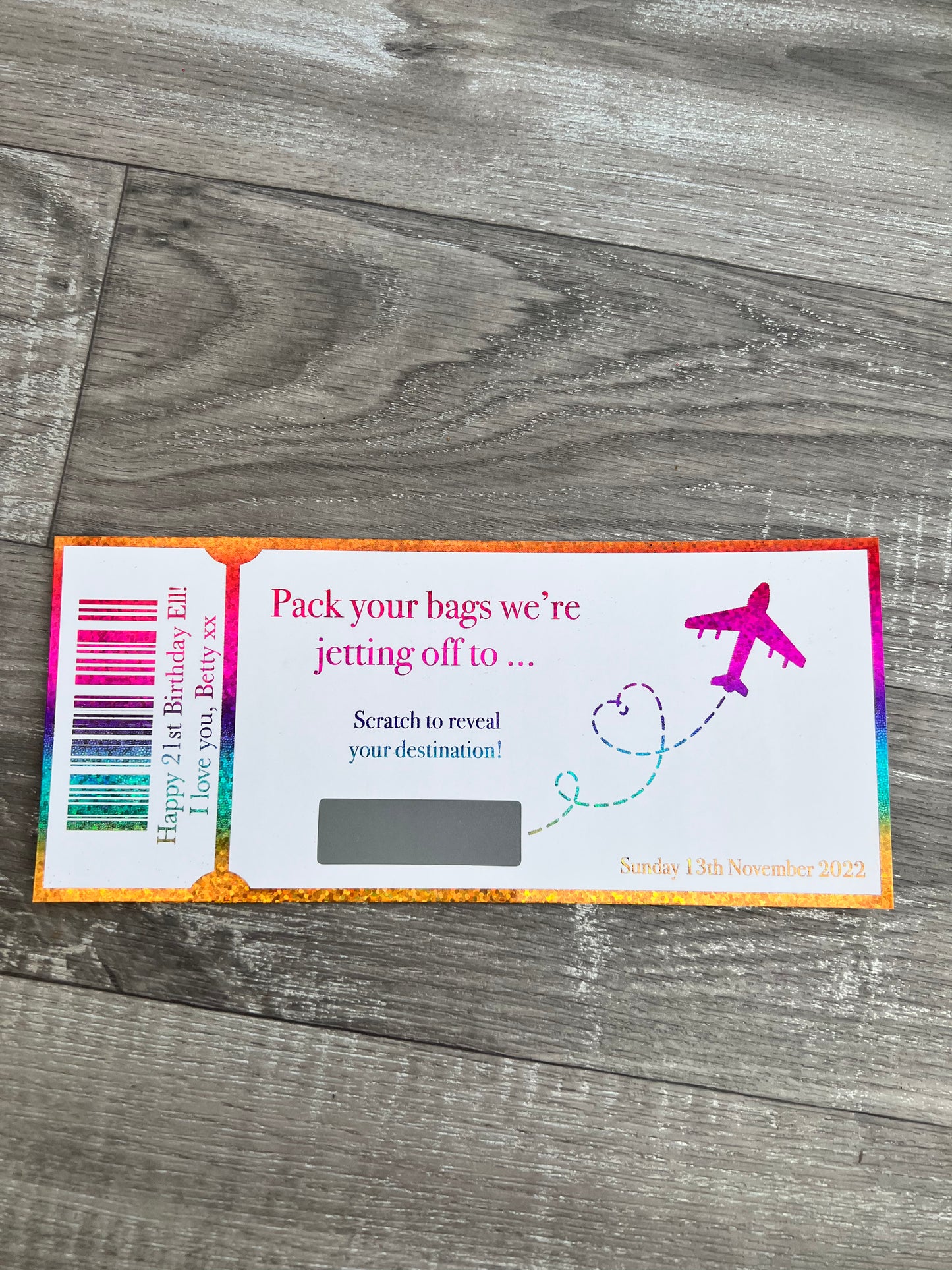 Personalised surprise holiday  scratch card, ticket, boarding pass