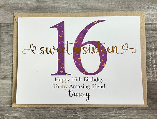 Sweet Sixteen 16th Birthday card personalised Foiled