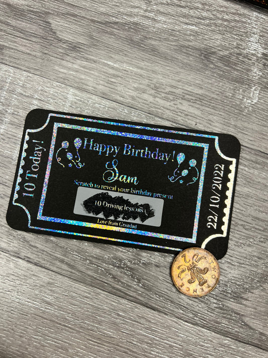 Black and silver birthday scratch card